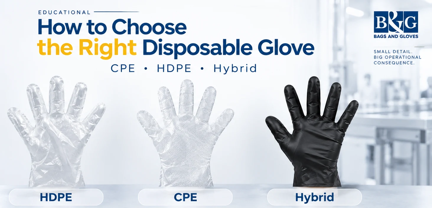 HDPE, CPE and Hybrid plastic glove types from Bags and Gloves