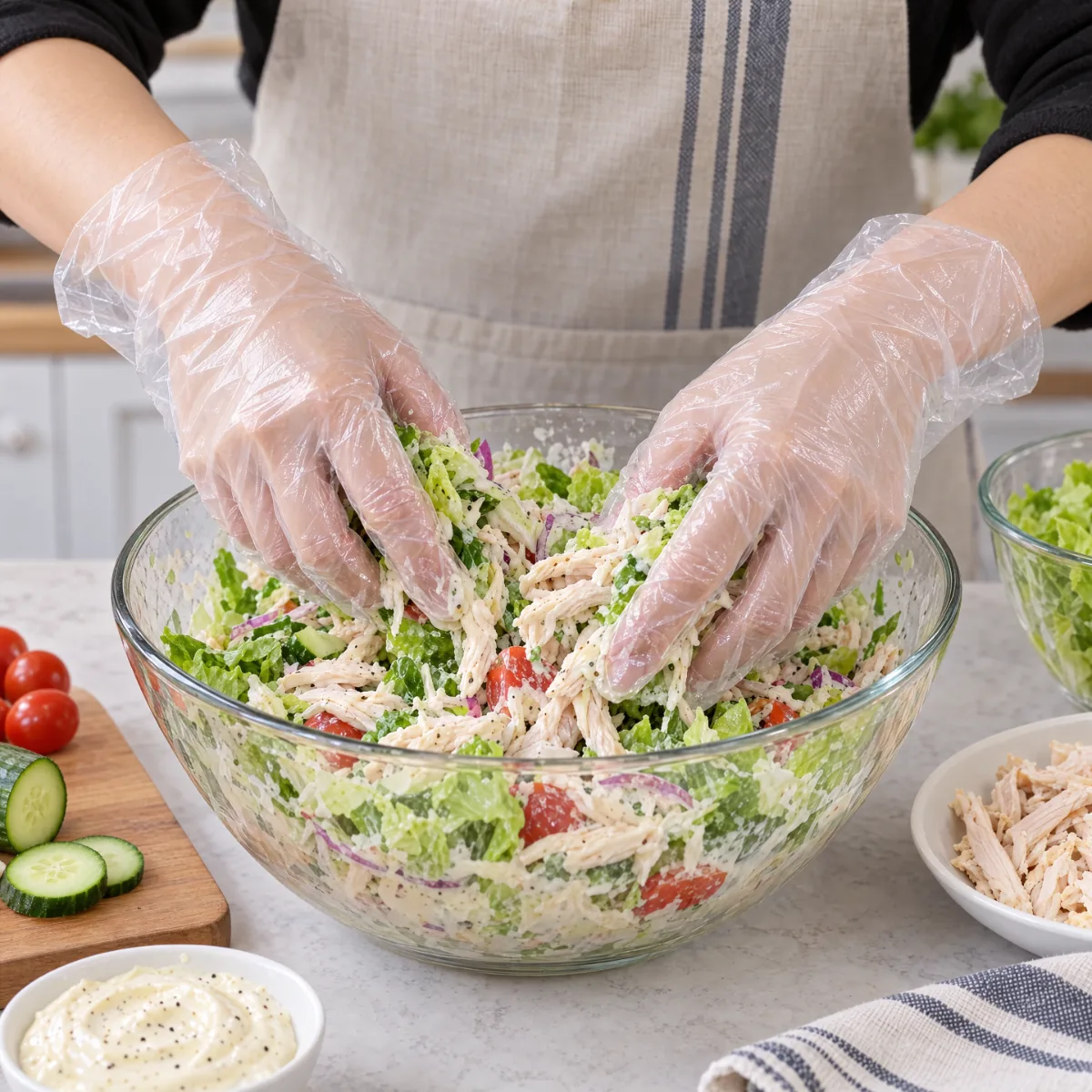 Hands in clear plastic gloves mixing chicken salad – Bags and Gloves