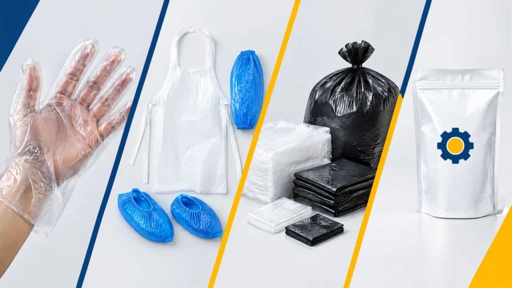 Bags and Gloves plastic gloves, aprons, sleeve and shoe covers, plastic bags and custom OEM packaging