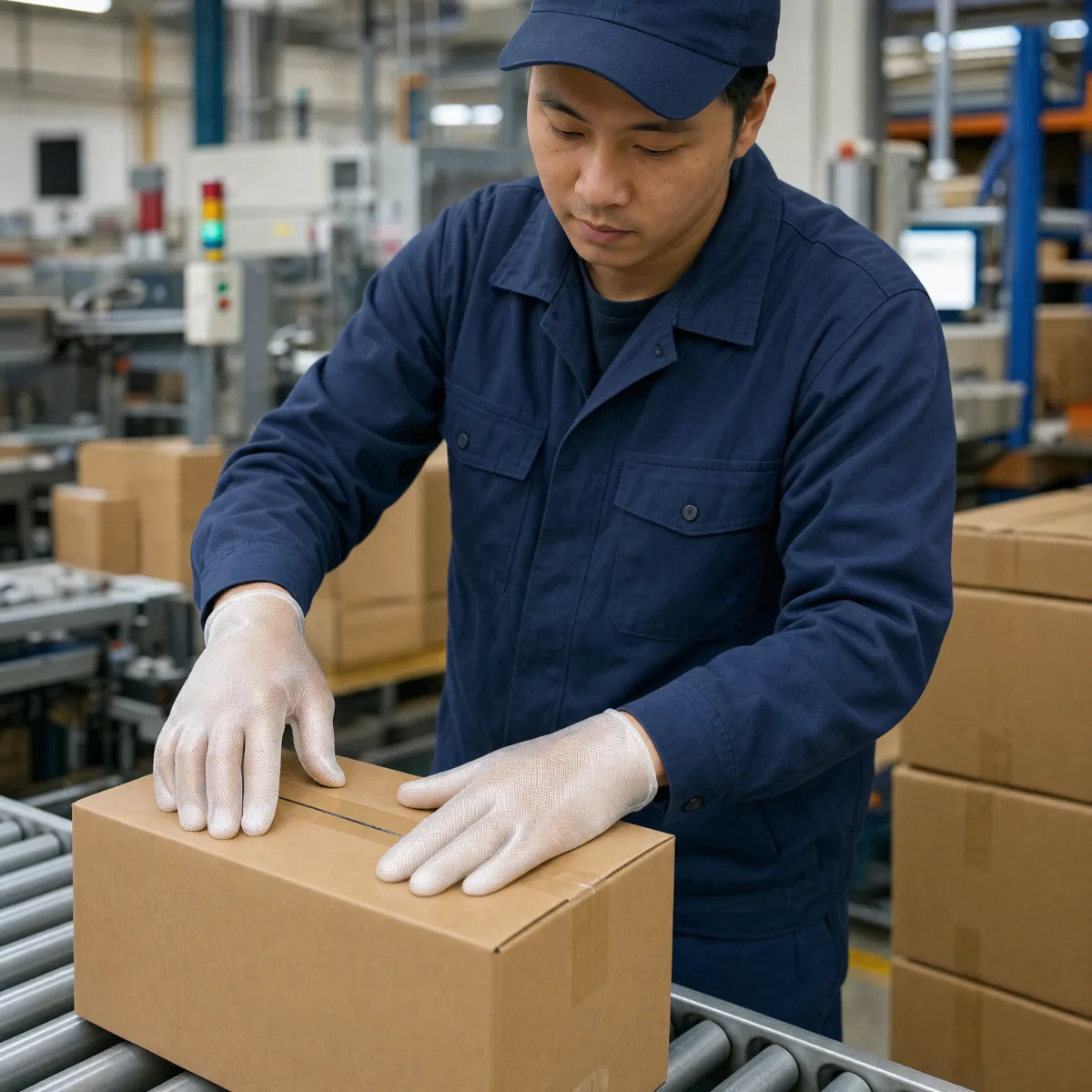 Factory worker wearing clear plastic gloves packing a carton – Bags and Gloves